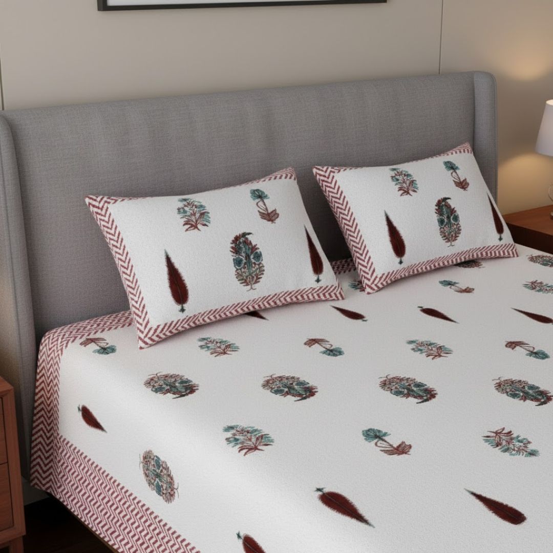 Folklore Fables Pink Block Print Pure Cotton Double Bedsheet